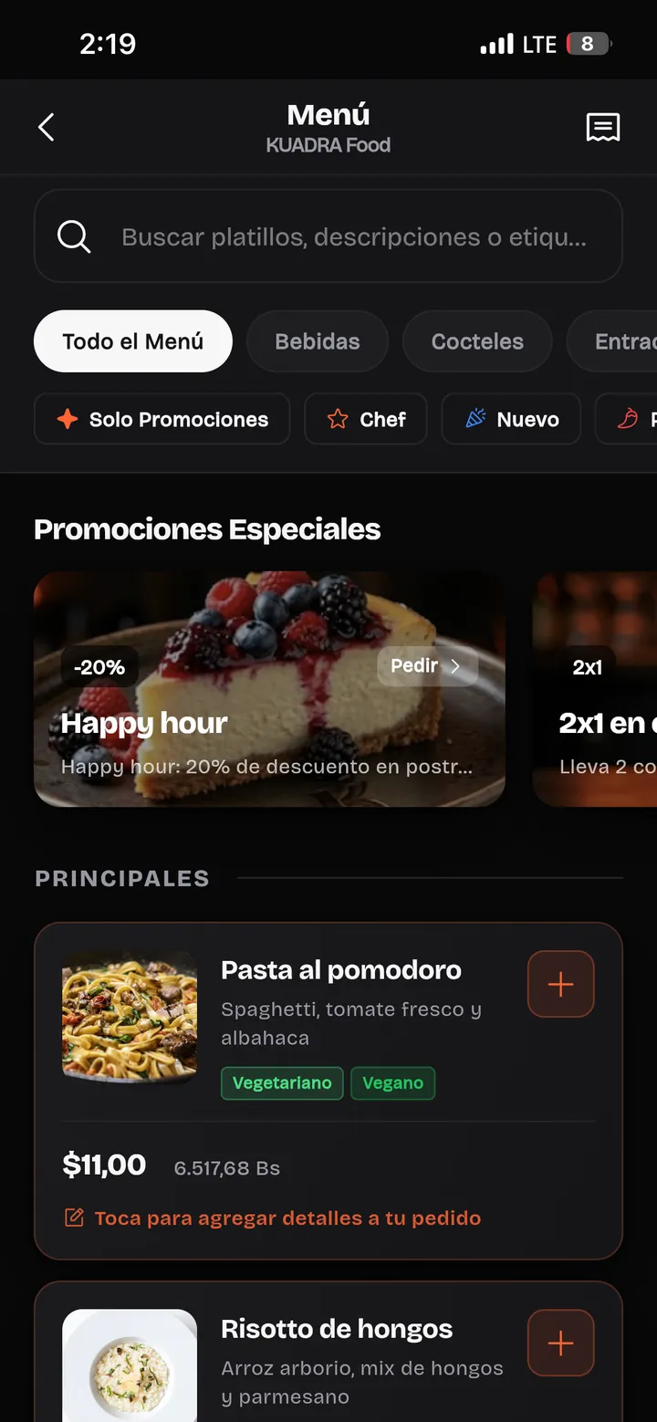 App de Kuadra: menú de un restaurante para pedir y pagar desde el teléfono