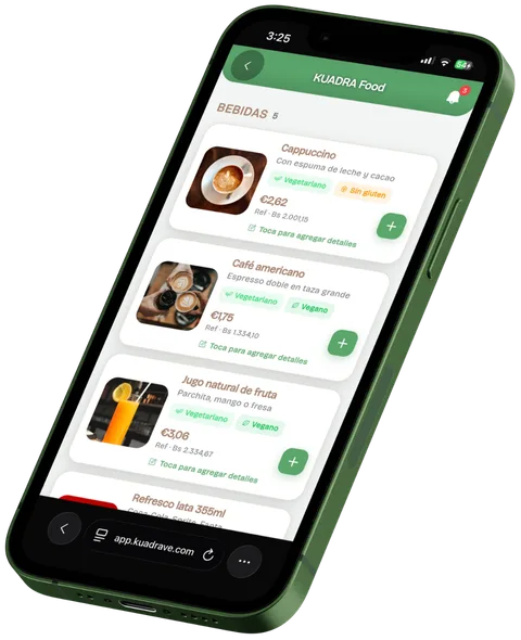 Vista del cliente en Kuadra: menú, pedidos y pago desde el celular