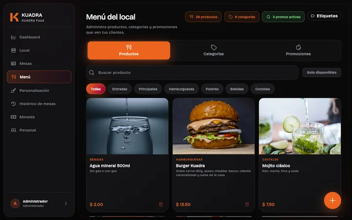Captura de Personalización del menú en Kuadra